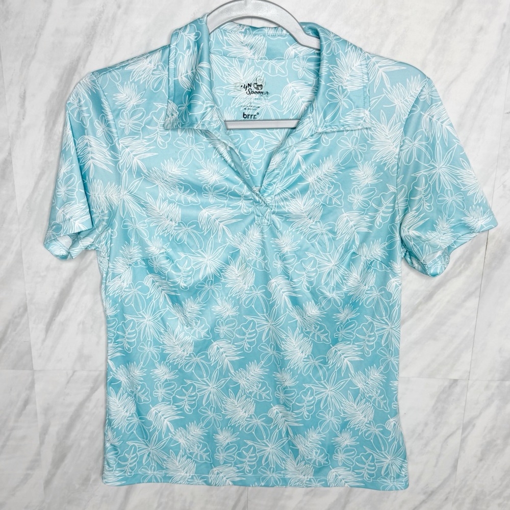 Reyn Spooner Blue Fitted Polo Collar Short Sleeve Hawaiian Top Medium, Small